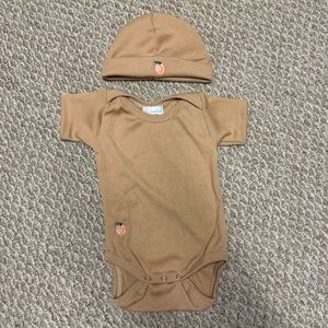 Peach Embroidered Tan Baby Onesie and Hat Set